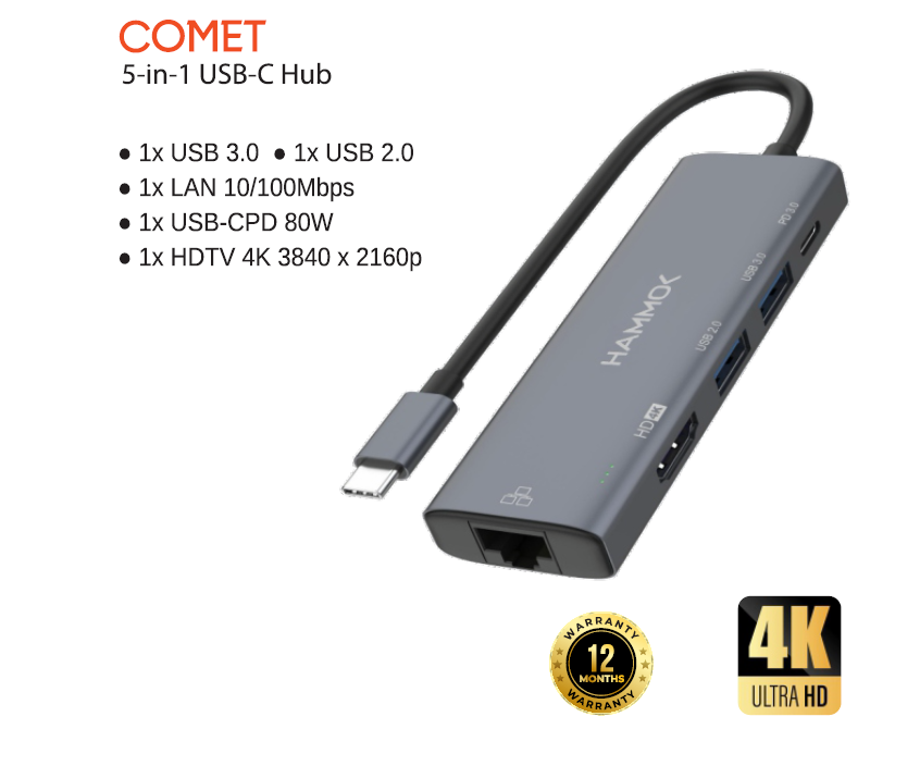 Hammok COMET USB-C 5-in-1 -RJ45-10/100/HDTV/USB 3.0/USB 2.0/PD