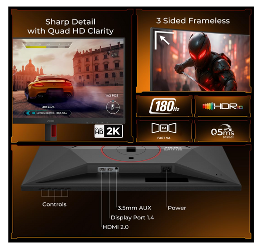 AOC CQ27G4 27" QHD 1500R Curved Gaming Monitor, 180Hz, 0.5ms MPRT, HDR10, Adaptive Sync, HDMI 2.0, DP