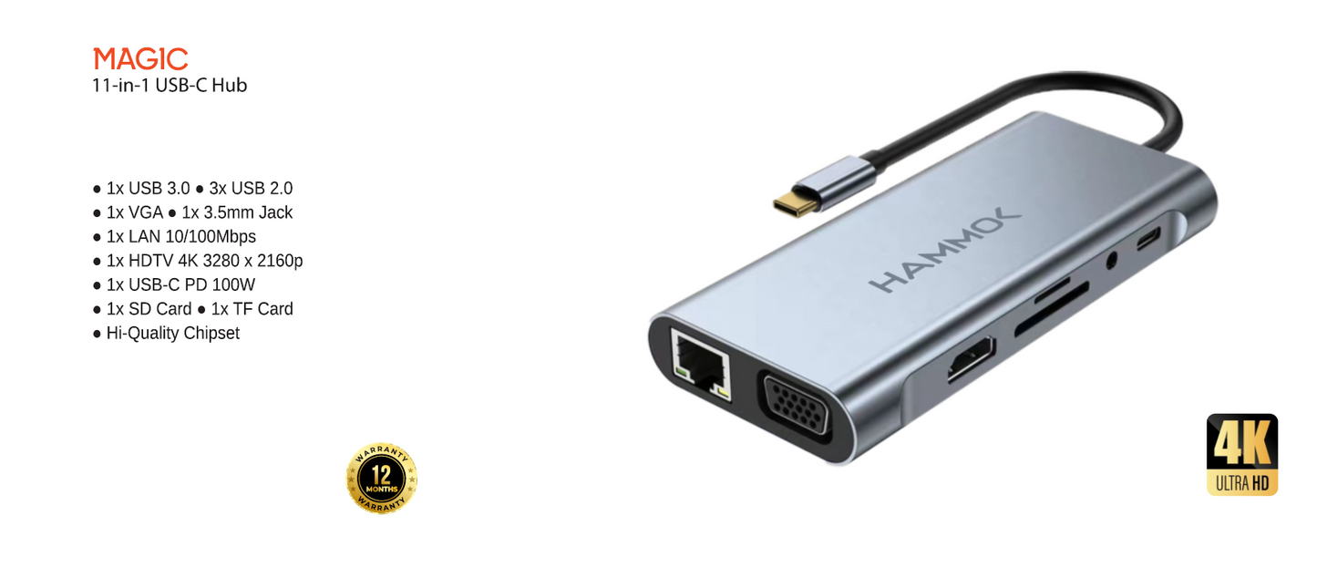 Hammok Magic USB-C 11-in-1 Convertor-HDTV/VGA/LAN/TF/SD/USB 3.0*3/SOUND/PD
