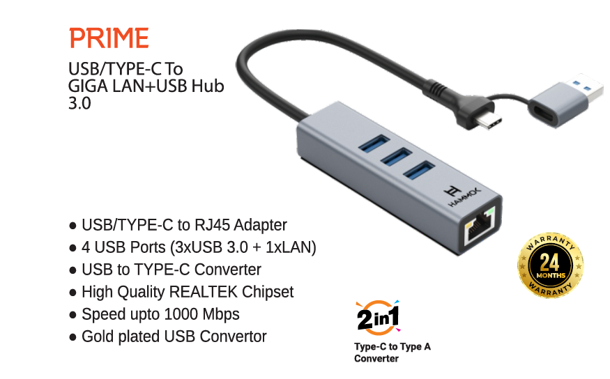 Hammok Prime USB/Type-C Lan Gigabit & Hub 3.0-10/100/1000 -Mbps