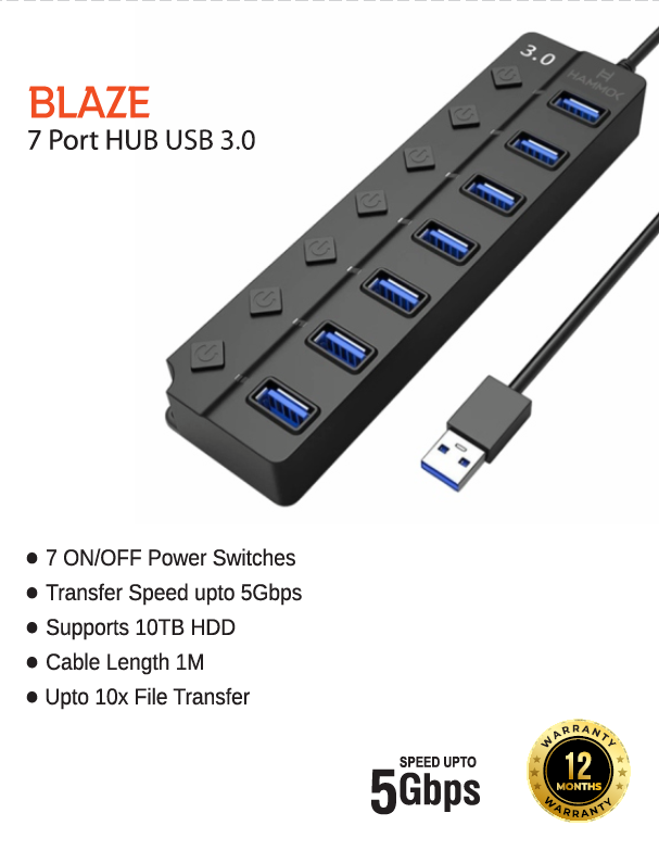 
Hammok Blaze 7 Port USB Hub 3.0-Individual Switch