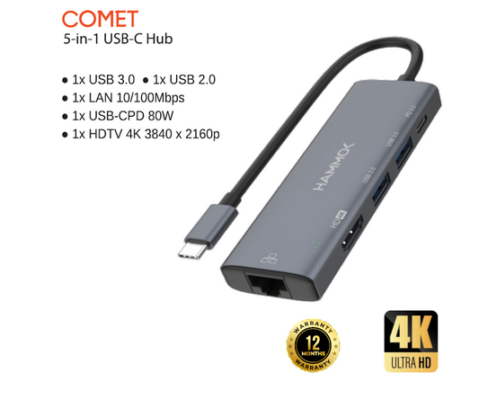 
Hammok COMET USB-C 5-in-1 -RJ45-10/100/HDTV/USB 3.0/USB 2.0/PD
