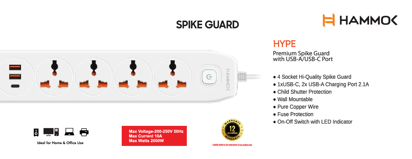 
Hammok Hype 4+1 Power Strip 1.5MTR II-2*USB+1*TYPE C