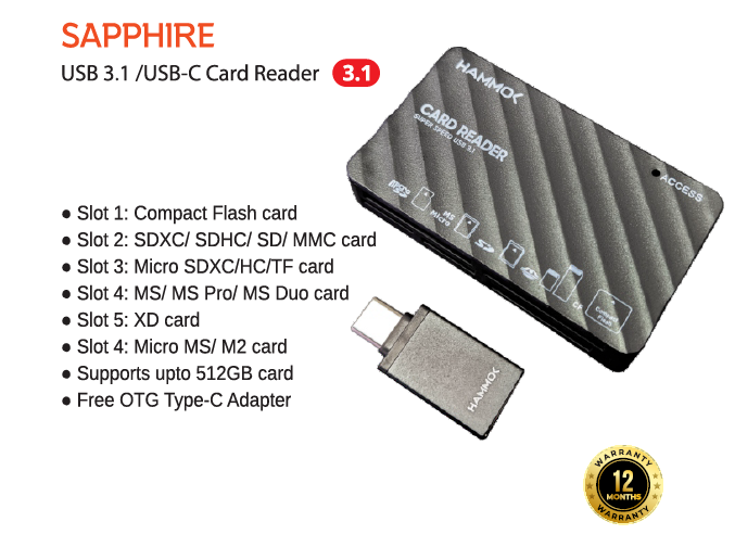 
Hammok Sapphire USB/TYPE-C Card Reader 3.1-CF/SD/TF/MS/MICRO SD