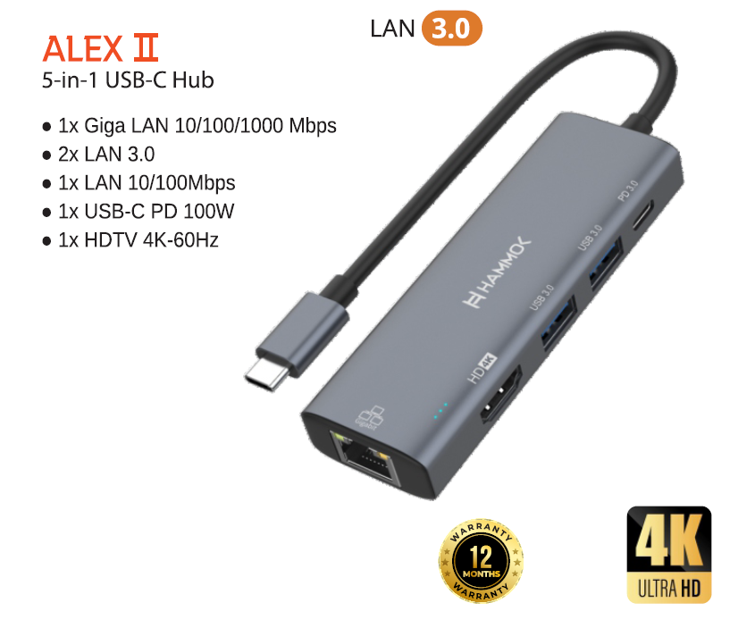 
Hammok Alex || USB-C 5-in-1 -RJ45-GIGA/HDTV/2*USB 3.0/PD