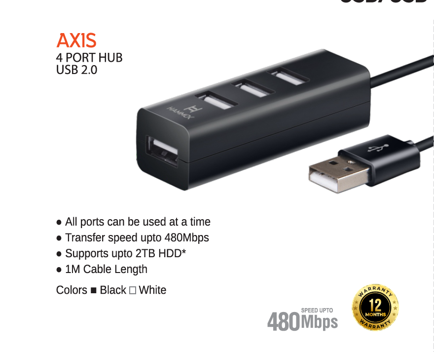 
Hammok Axis 4 Port Usb Hub - 2.0 -Black &amp; White