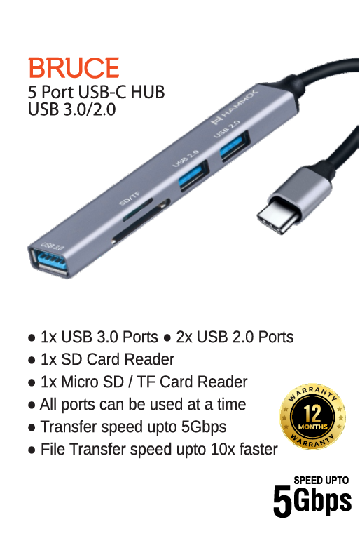 
Hammok Bruce 5 Port Usb-C Hub/Card Reader 2.0 &amp; 3.0 Combo
