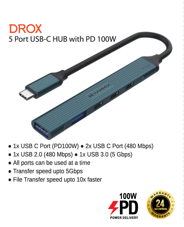 
Hammok Drox 5 Port Hub -2.0/3.0/PD 100w