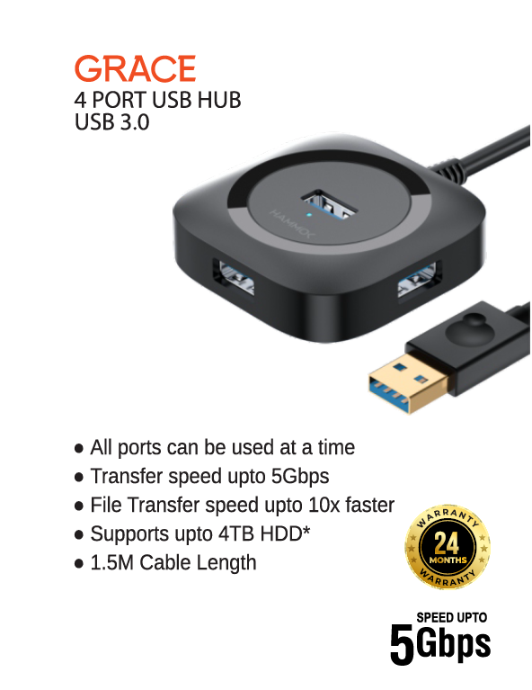 
Hammok Grace 4 Port Usb Hub - 3.0 Black