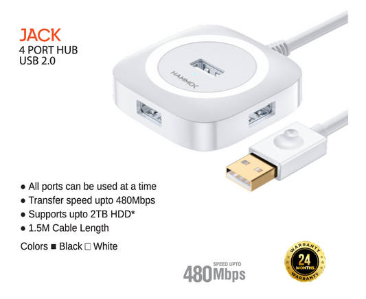 
Hammok Jack 4 Port Usb Hub - 2.0 -Black & White-