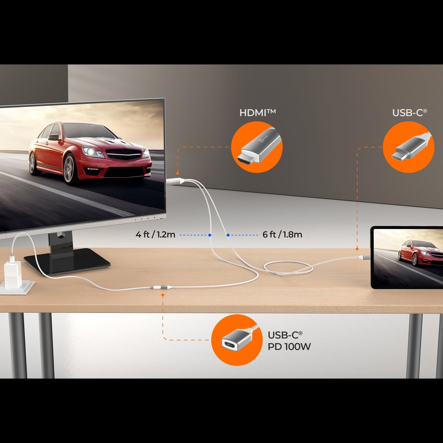 
j5create USB-C® to 4K HDMI™ Cable With PD100W Pass-Through (JCC155G)