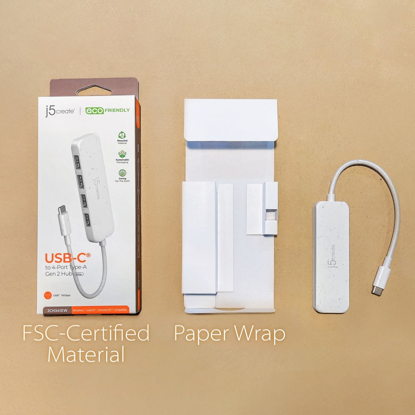 
j5create Eco-Friendly USB-C® to 4-Port Type-A Gen 2 Hub (JCH341EW)