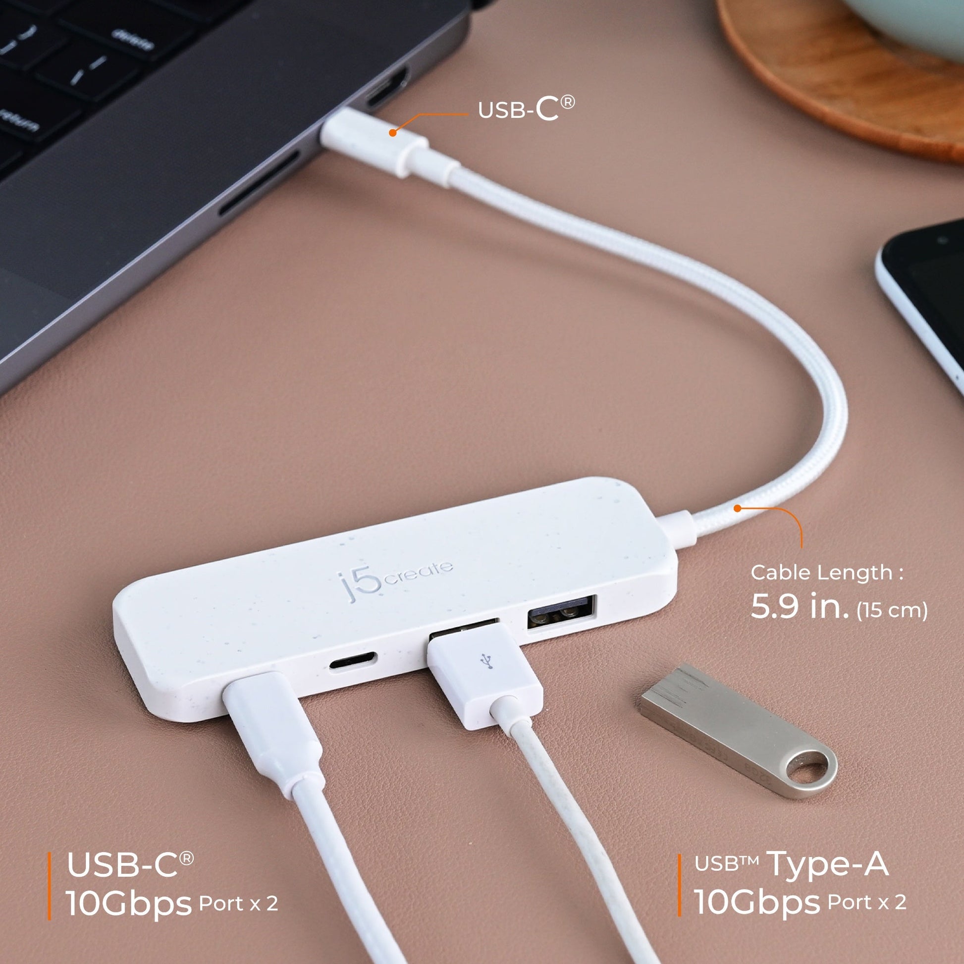 
j5create Eco-Friendly USB-C® to 4-Port Type-C &amp; Type-A Gen 2 Hub (JCH342EW)