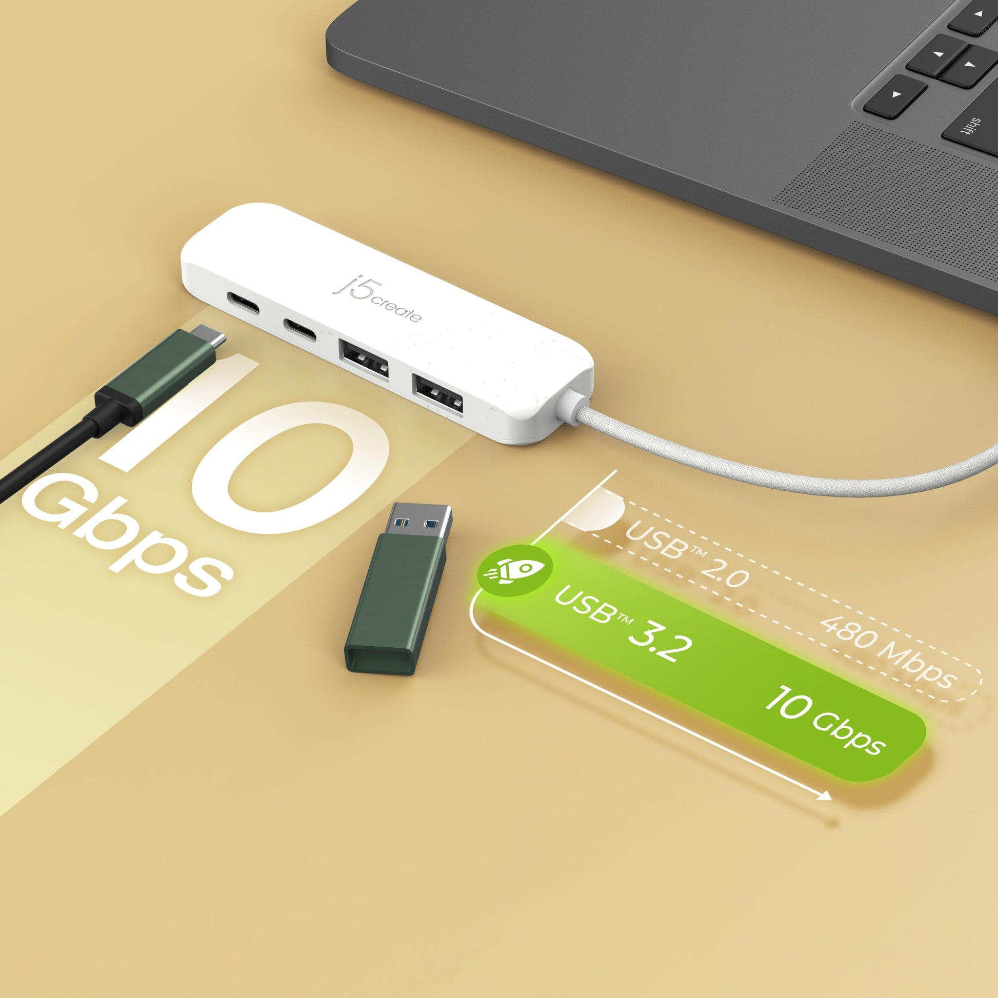 
j5create Eco-Friendly USB-C® to 4-Port Type-C &amp; Type-A Gen 2 Hub (JCH342EW)