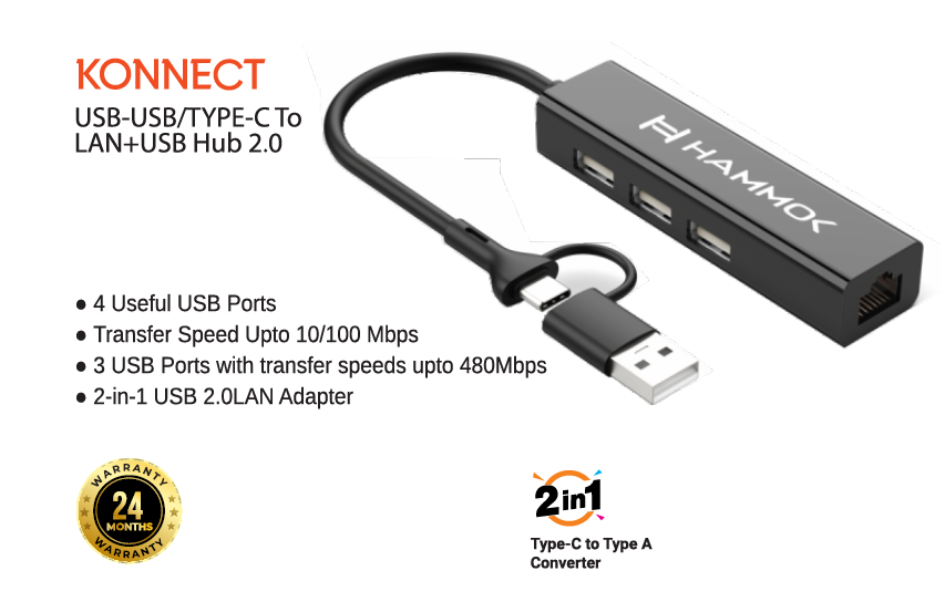 
Hammok Konnect USB/TYPE-C LAN 2.0 -10/100-Mbps