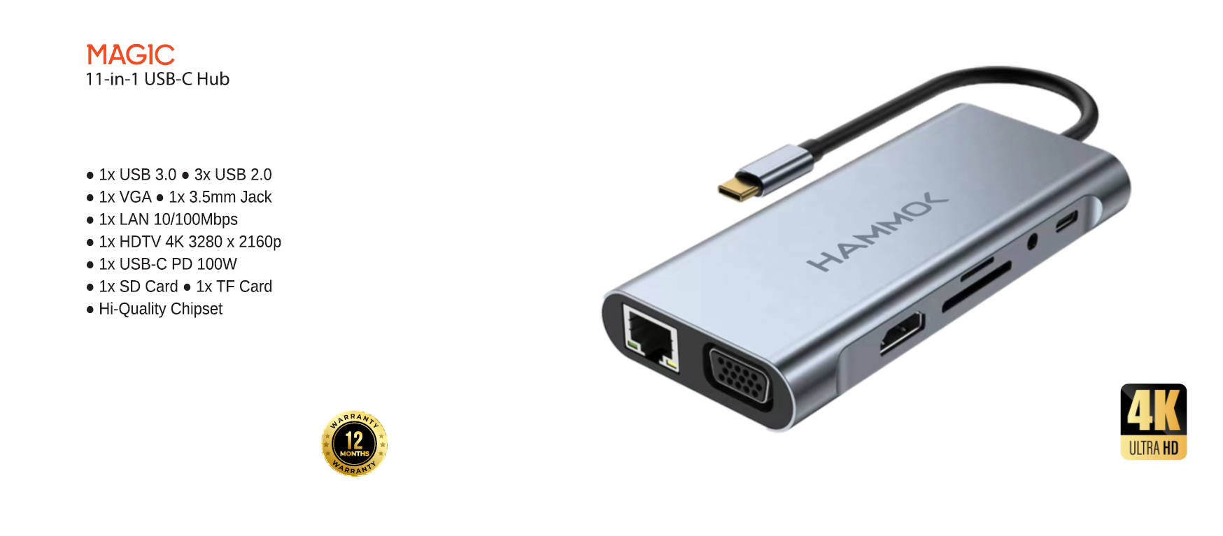 
Hammok Magic USB-C 11-in-1 Convertor-HDTV/VGA/LAN/TF/SD/USB 3.0*3/SOUND/PD