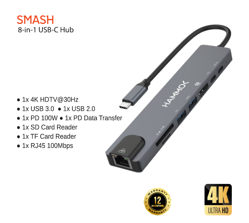 
Hammok Smash USB-C 8-in-1-RJ45/HDTV/TF/SD/USB 3.0/USB 2.0/PD*2)