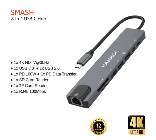 
Hammok Smash USB-C 8-in-1-RJ45/HDTV/TF/SD/USB 3.0/USB 2.0/PD*2)