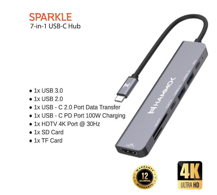 
Hammok Sparkle USB-C 7-in-1 -HDTV/TF/SD/USB 3.0/USB 2.0*2/PD