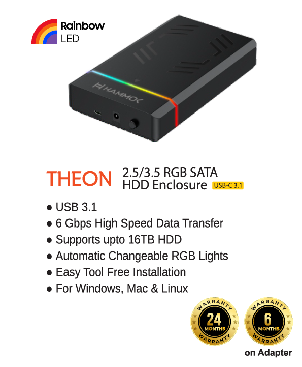 
Hammok Theon 3.5/2.5 USB-C Sata HDD Enclosure 3.1-RGB