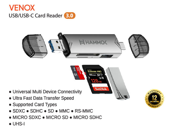 
Hammok VENOX USB/TYPE-C CARD READER 3.0(SD/TF/MS/MICRO SD/USB)