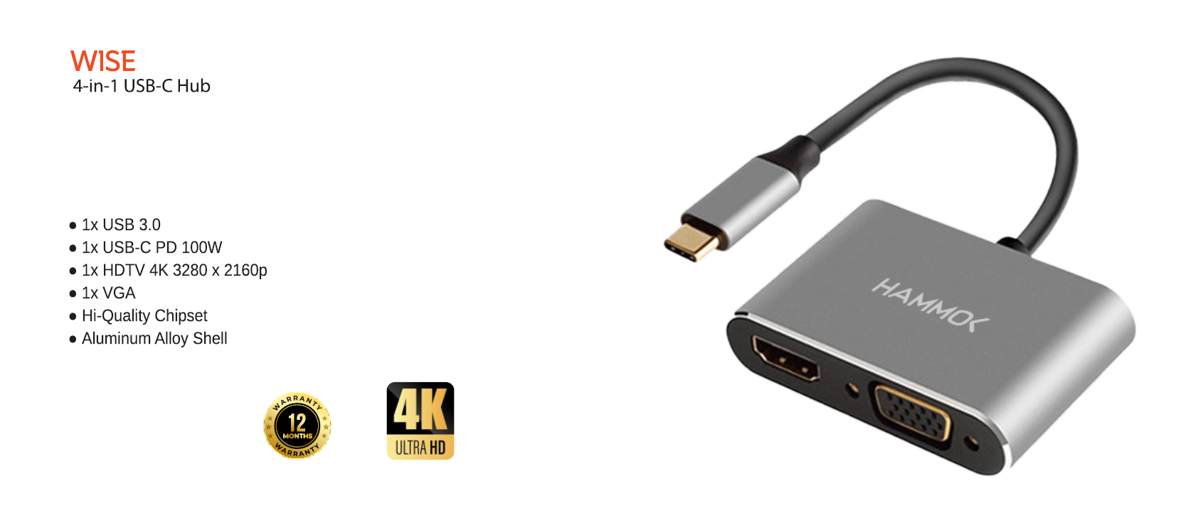 
Hammok Wise USB-C 4-in-1 -HDTV/VGA/USB 3.0/PD