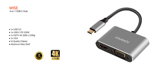 
Hammok Wise USB-C 4-in-1 -HDTV/VGA/USB 3.0/PD